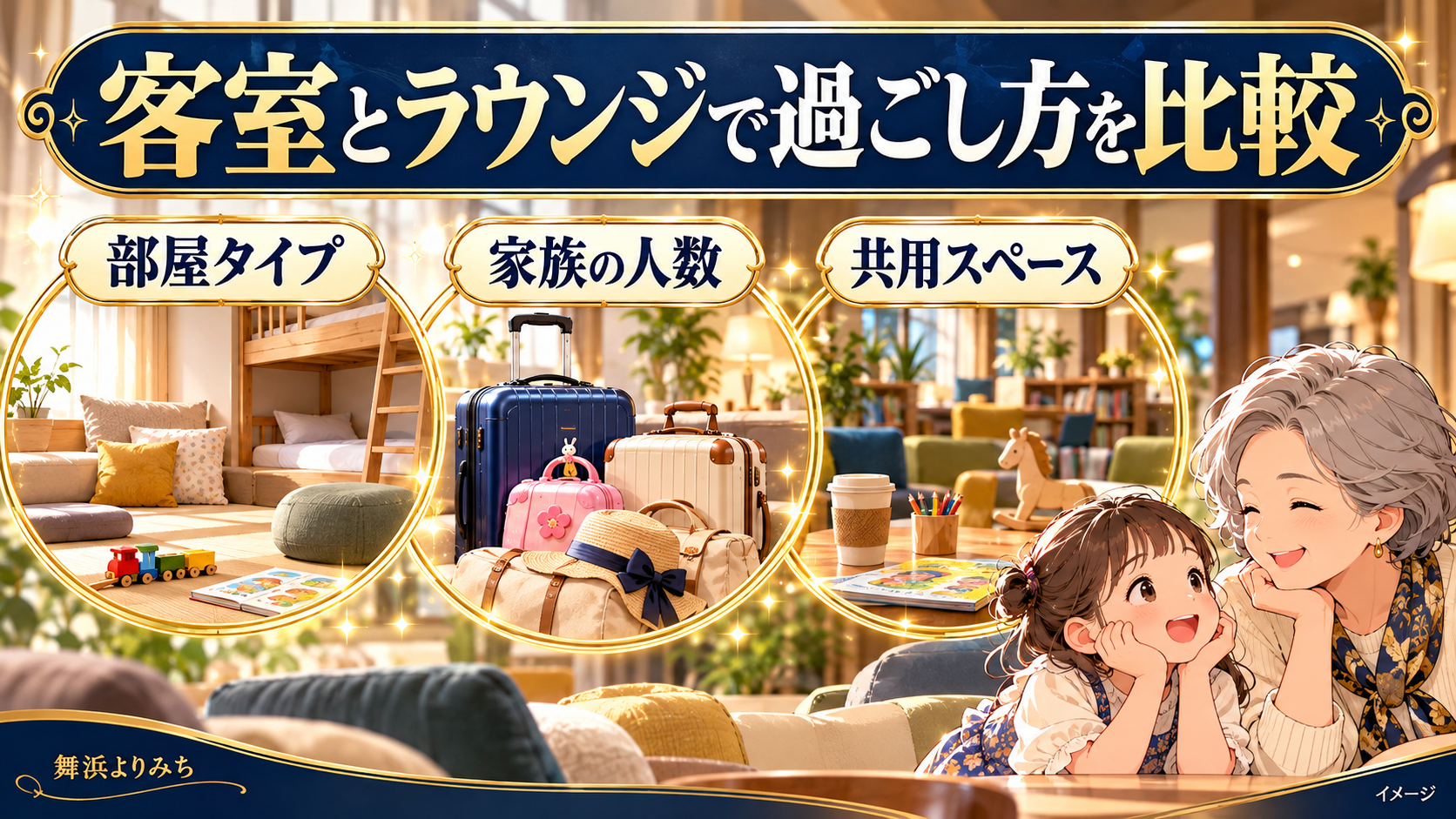 客室とラウンジで過ごし方を比較について、部屋タイプ・家族の人数・共用スペースを示す図解