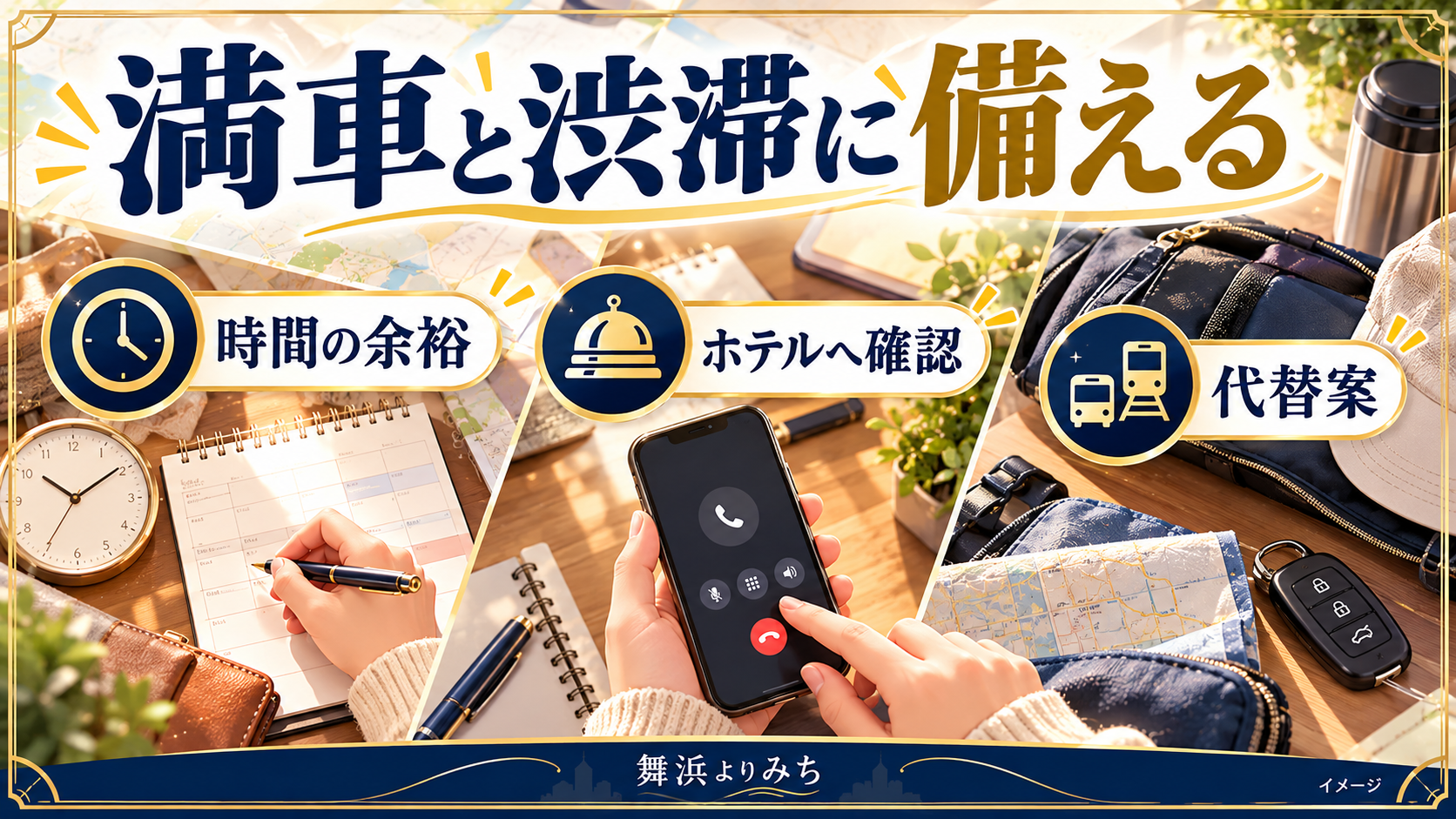 満車と渋滞に備えるについて、時間の余裕・代替案・ホテルへ確認を示す図解