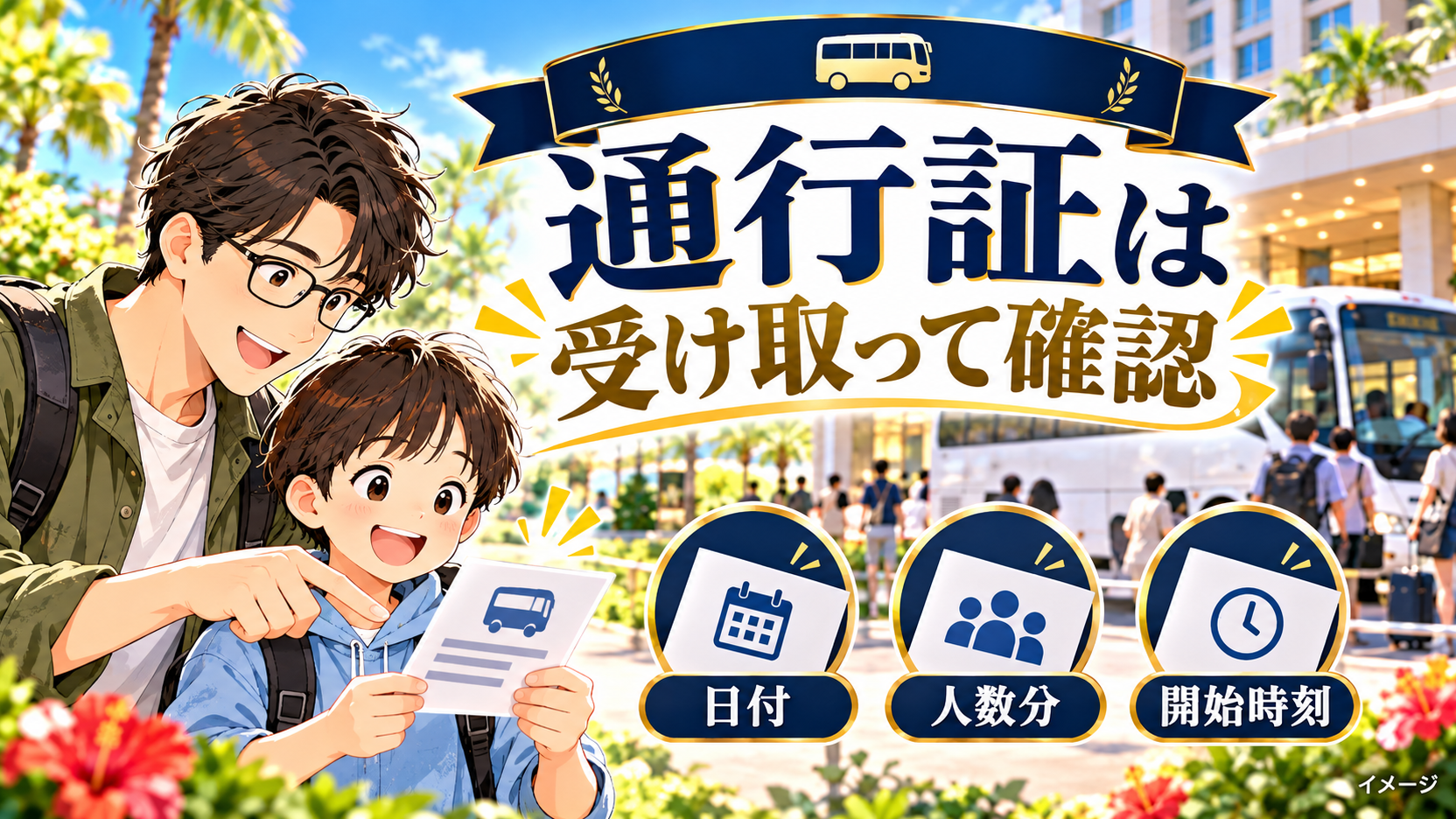 通行証を見る父子と、日付、人数分、開始時刻を確認する項目。
