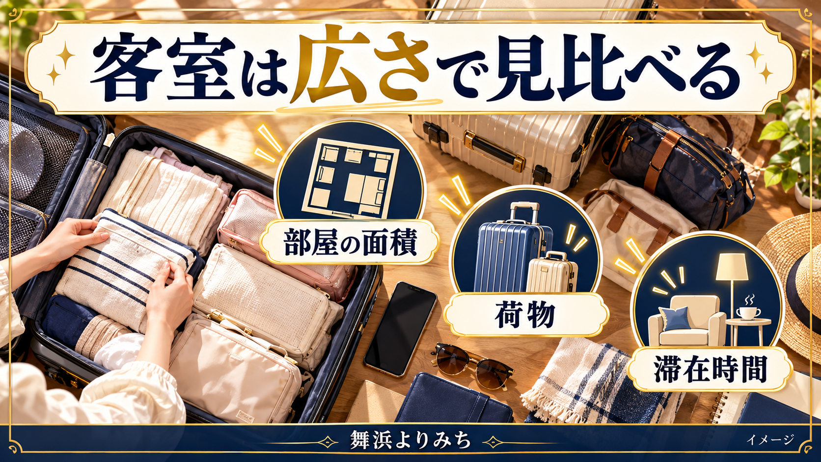 客室は広さで見比べるについて、部屋の面積・荷物・滞在時間を示す図解