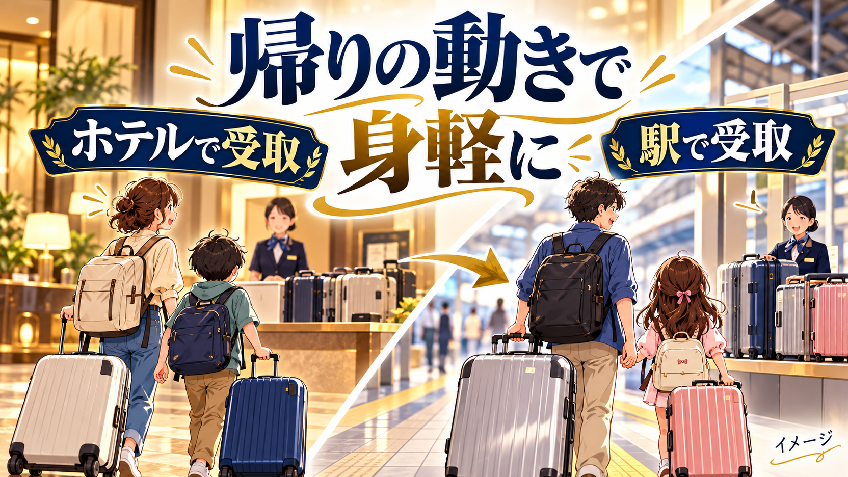 ホテルでの荷物受け取りと駅での受け取りを比較するイメージ