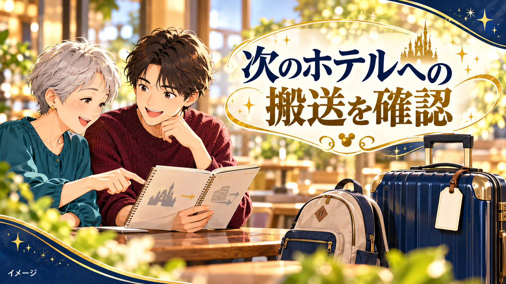 親子がスーツケースと荷物タグをそばに置いて旅行ノートを確認するイメージ