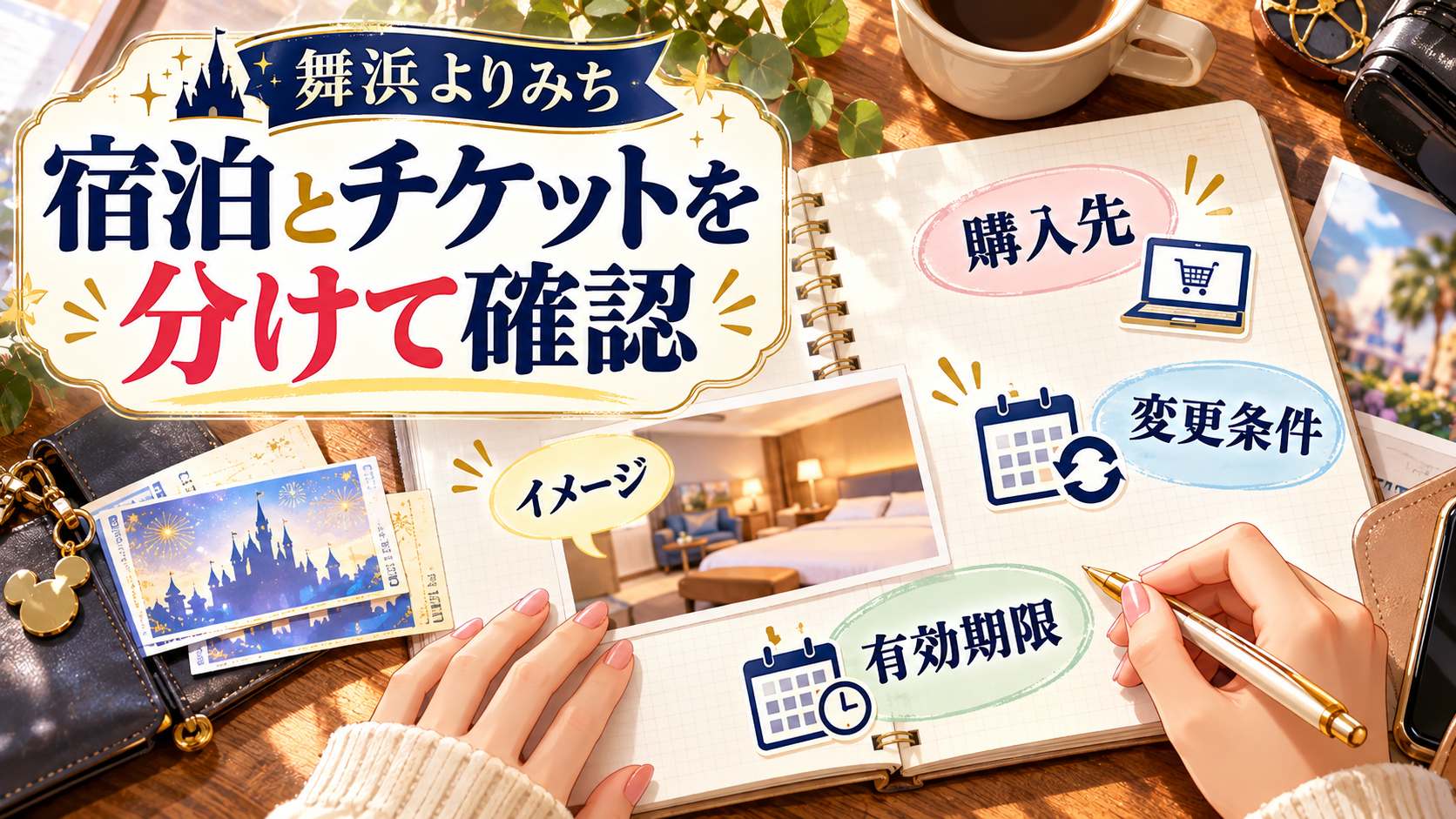 宿泊とチケットを分けて確認について、購入先・変更条件・有効期限を整理した図解