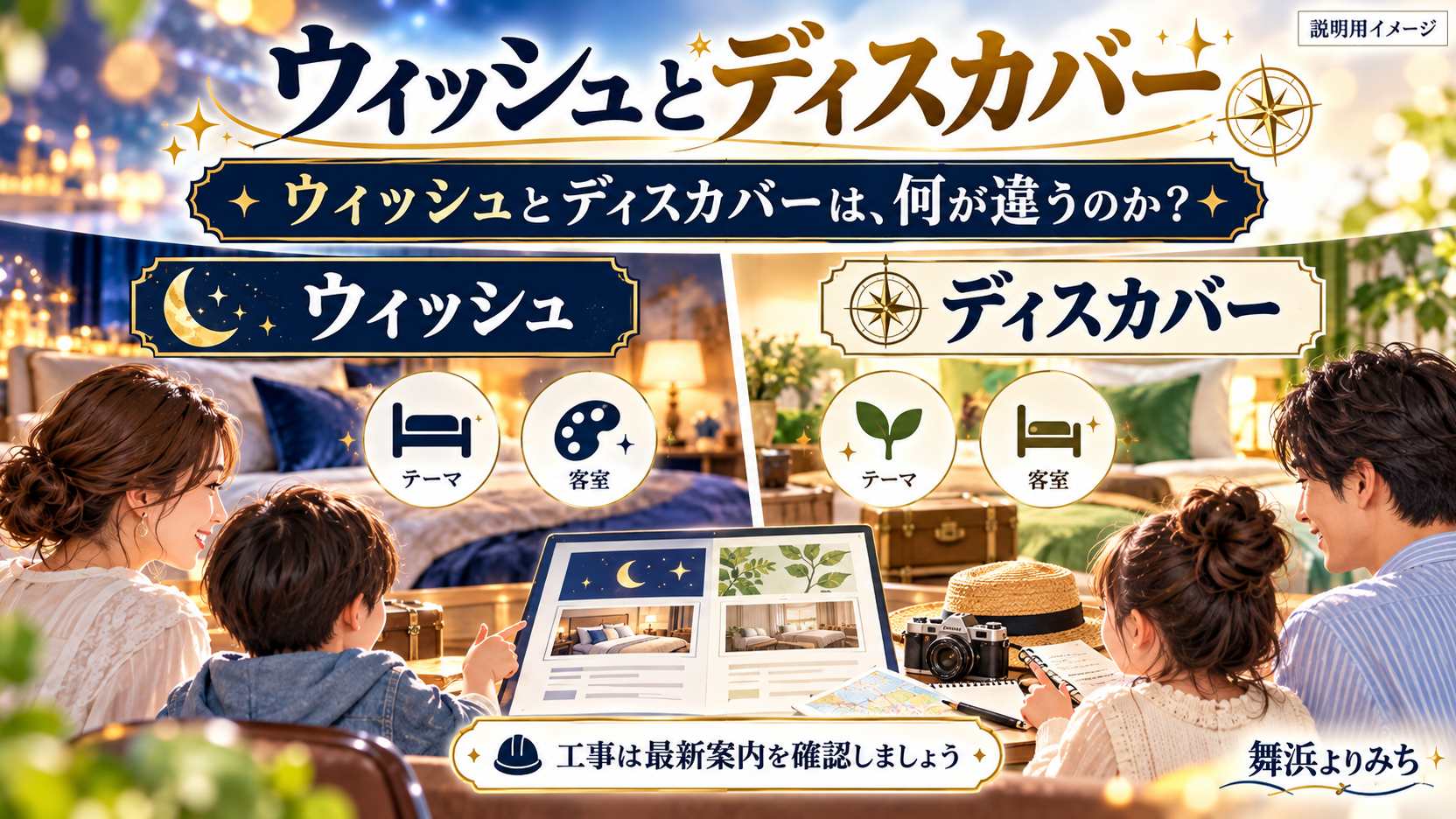 ウィッシュとディスカバーをテーマや客室から比較する家族旅行のイメージ