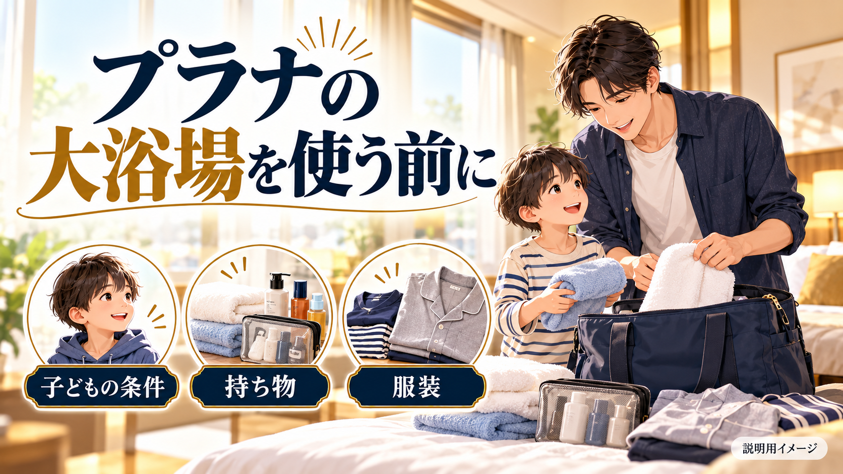 プラナの大浴場を使う前にについて、子どもの条件・持ち物・服装を旅行用品やイラストで整理した図