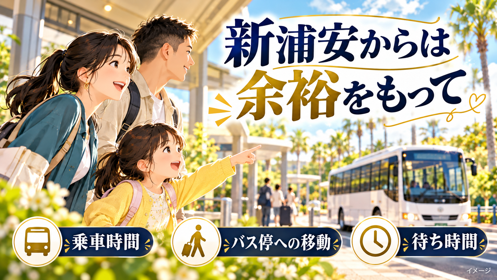 バスを待つ親子と、乗車時間、バス停への移動、待ち時間を示したイメージ。