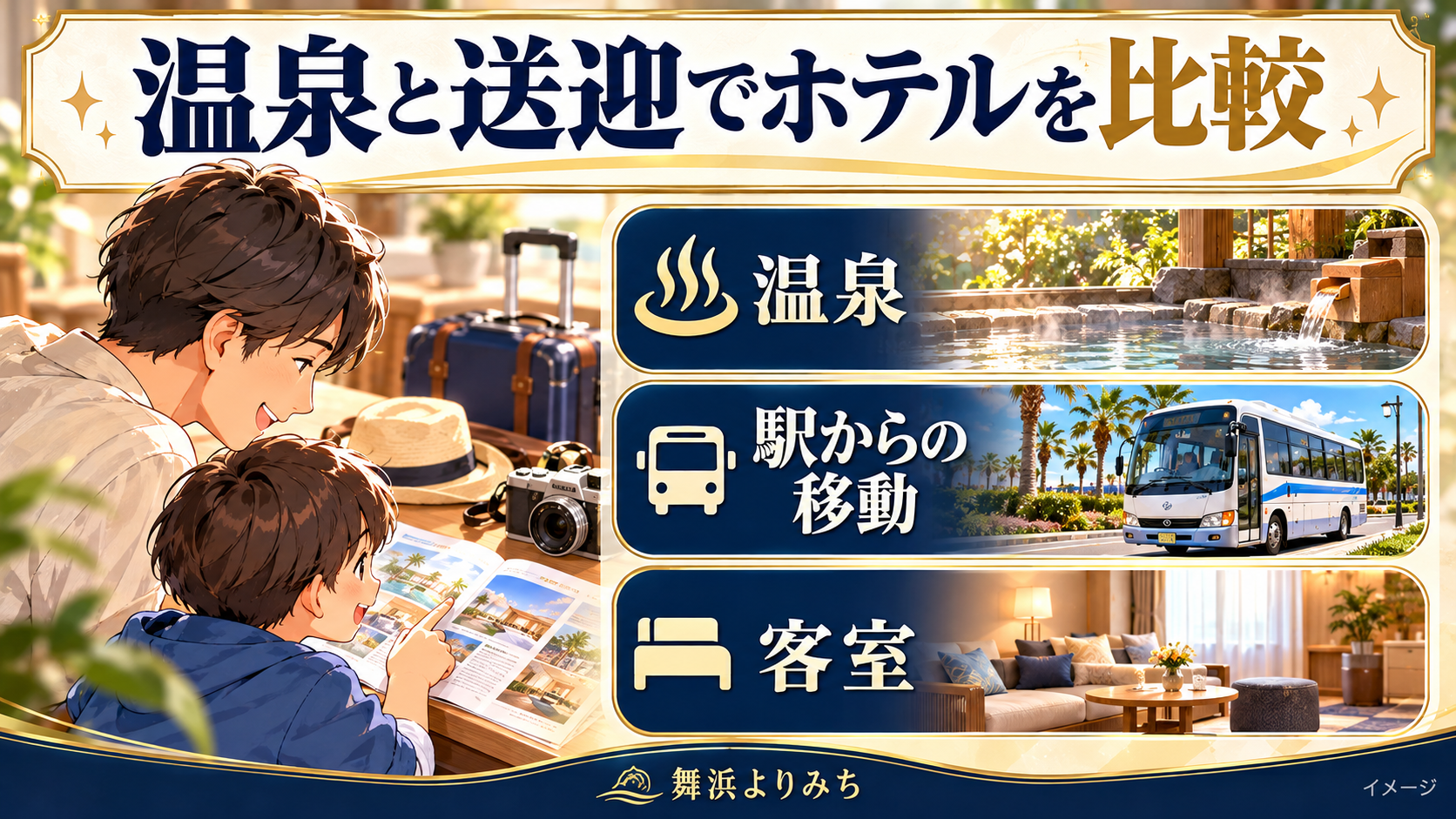 温泉と送迎でホテルを比較について、温泉・駅からの移動・客室を示す図解