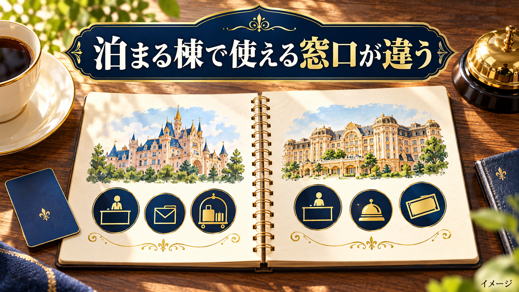 開いたノートとカップと手続きを表すカードで選び方を整理する比較イメージ