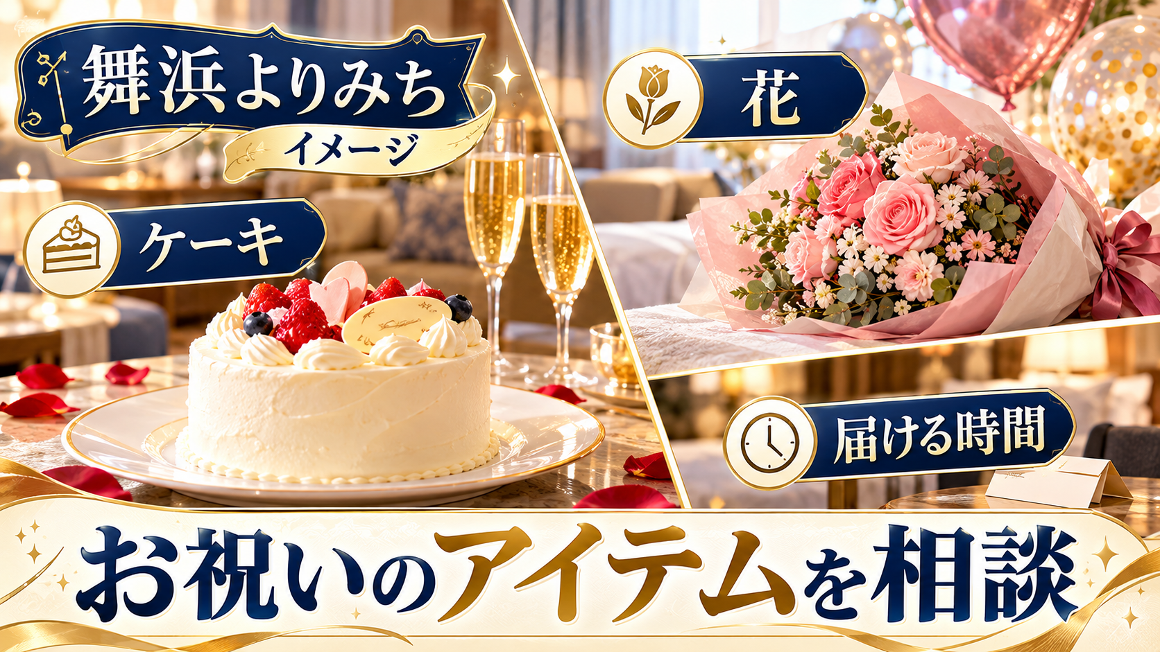 お祝いのアイテムを相談について、ケーキ・花・届ける時間を整理した図解