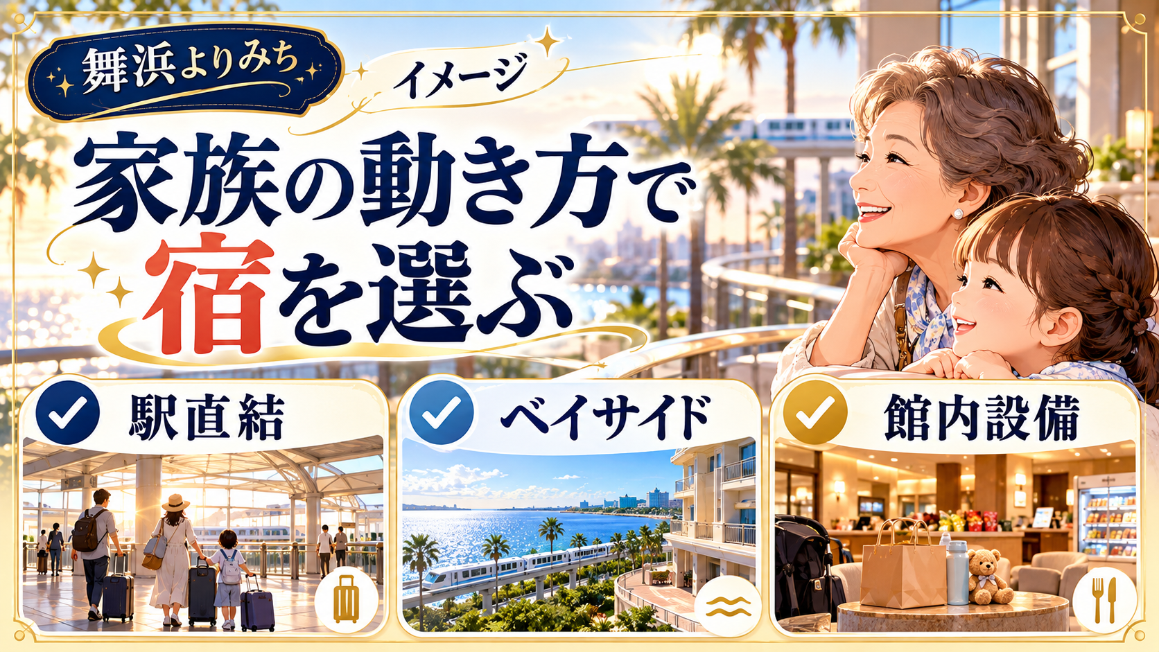 家族の動き方で宿を選ぶについて、駅直結・ベイサイド・館内設備を整理した図解
