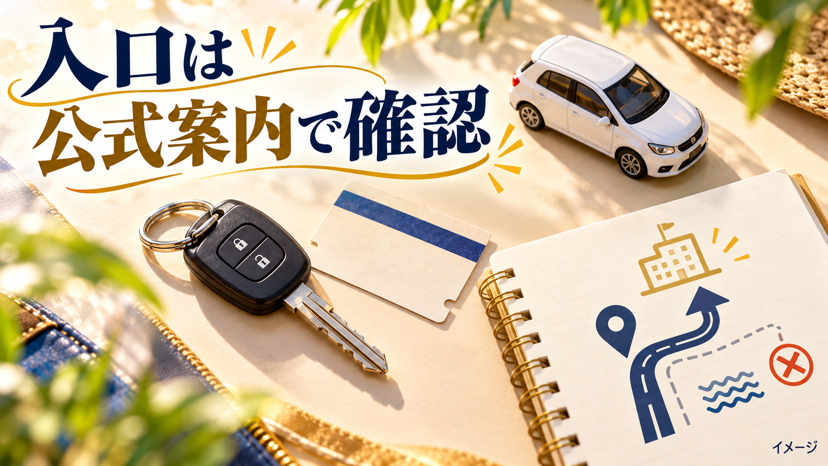 机の上に並べた車の鍵と駐車券を使って利用前の確認点を示すイメージ