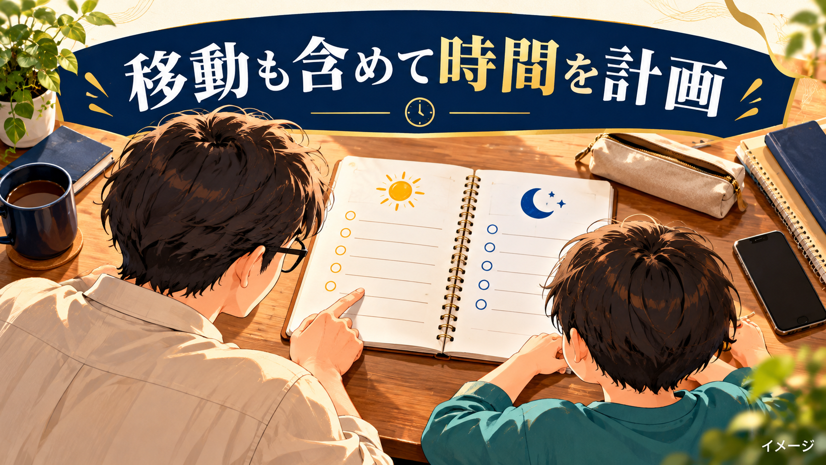 父親と子どもが太陽と月のある予定表を見ながら休憩時間を相談するイメージ