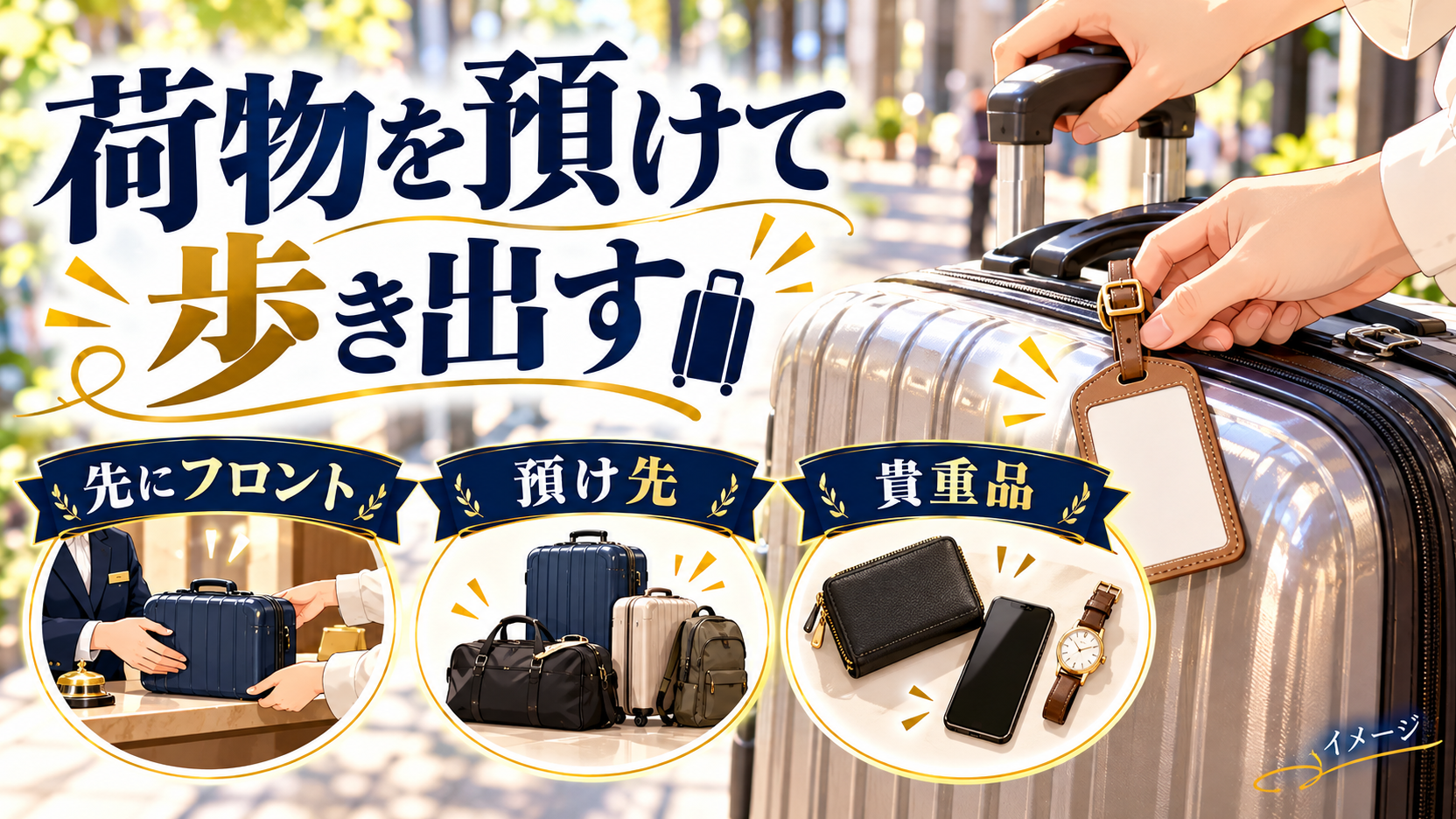 荷物の預け先と貴重品を確認するスーツケースのイメージ