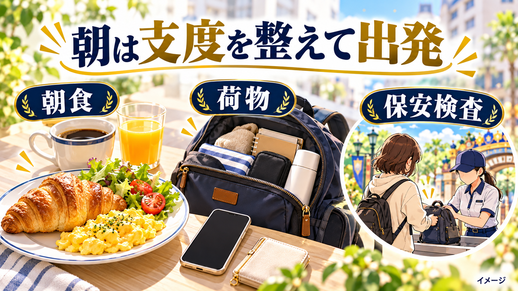 朝食と荷物を準備し、パーク入口の手荷物確認に備えるイメージ