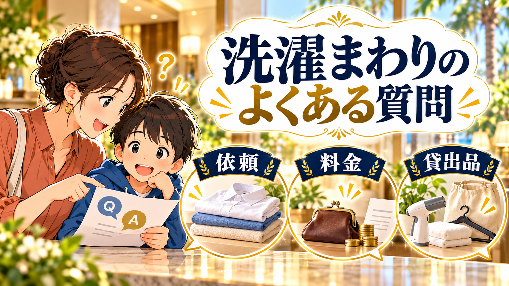 ランドリーの依頼と料金、貸出品について質問を確認する母子