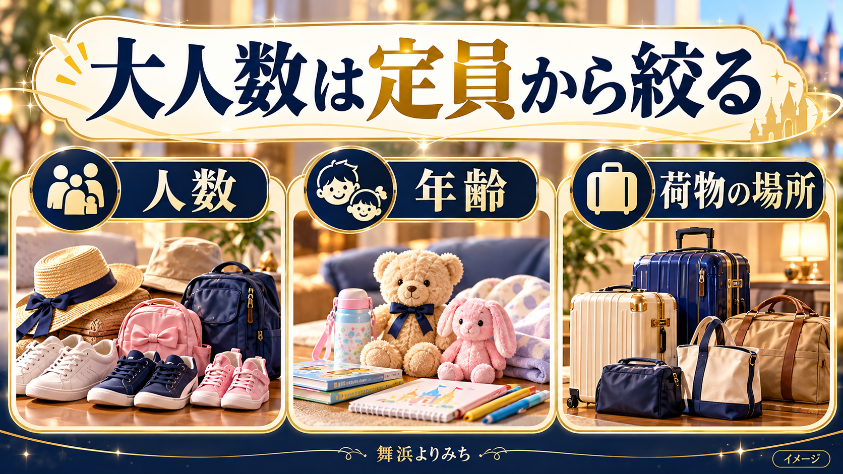 大人数は定員から絞るについて、人数・年齢・荷物の場所を示す図解