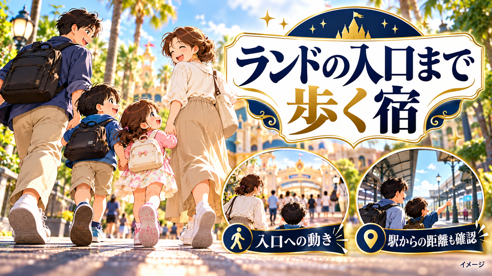 手をつないで歩く家族と、入口への動きや駅からの距離を確認する項目。