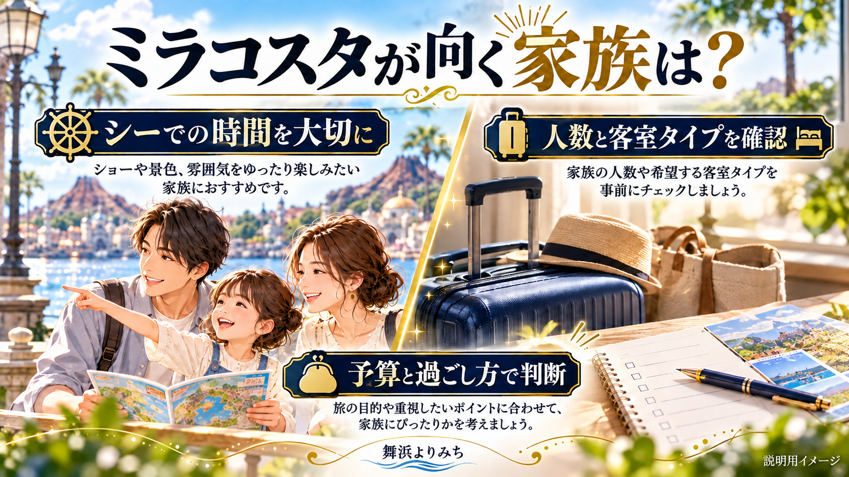 家族の旅行目的と人数、予算からミラコスタが合うかを考える比較図