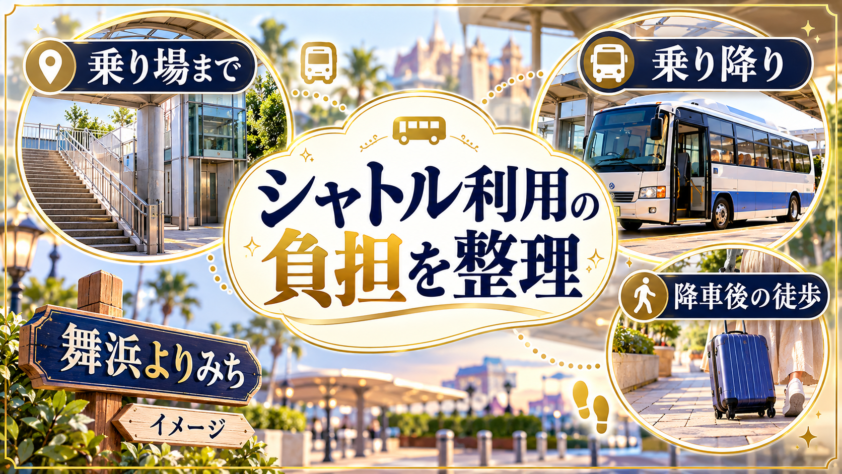 シャトル利用の負担を整理について、乗り場まで・乗り降り・降車後の徒歩を整理した図解