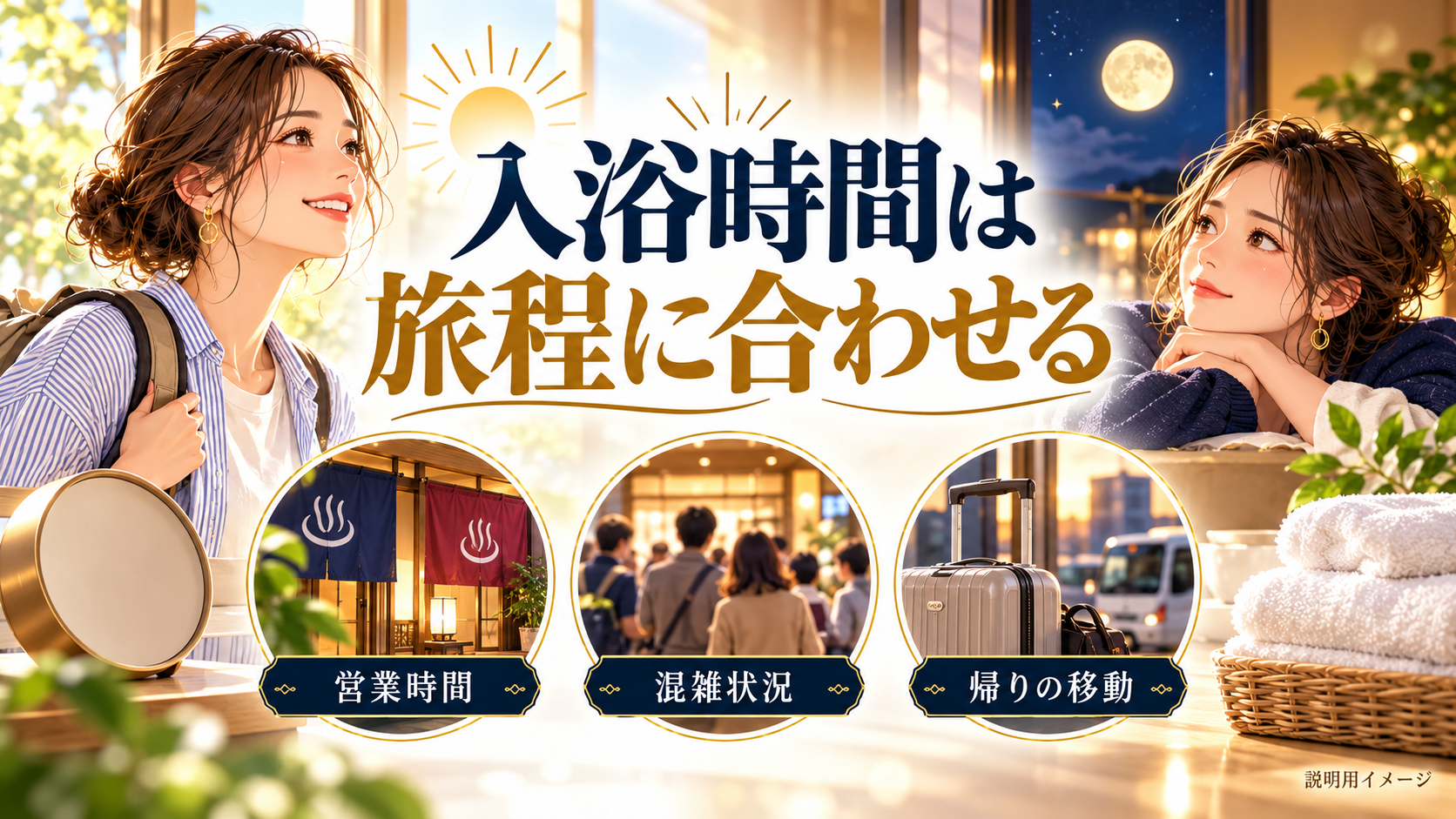 入浴時間は旅程に合わせるについて、営業時間・混雑状況・帰りの移動を旅行用品やイラストで整理した図