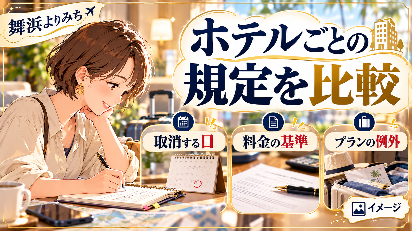 ホテルごとの規定を比較について、取消する日・料金の基準・プランの例外を整理した図解