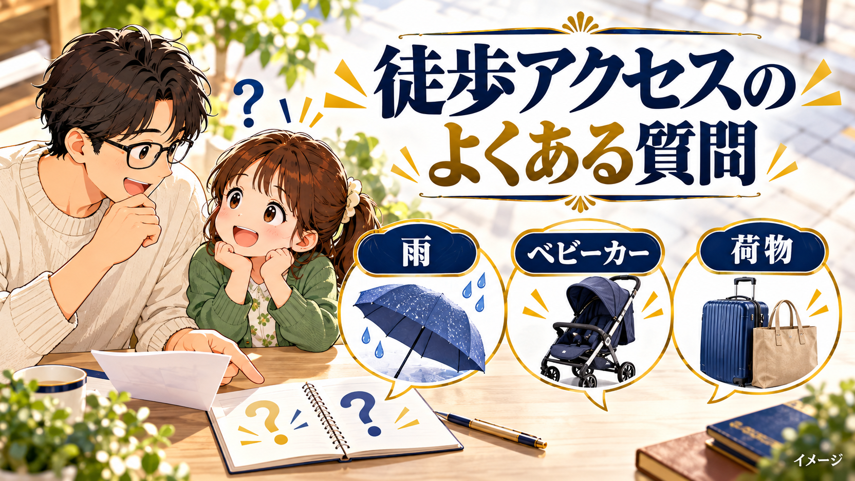 雨、ベビーカー、荷物について質問を確認する親子