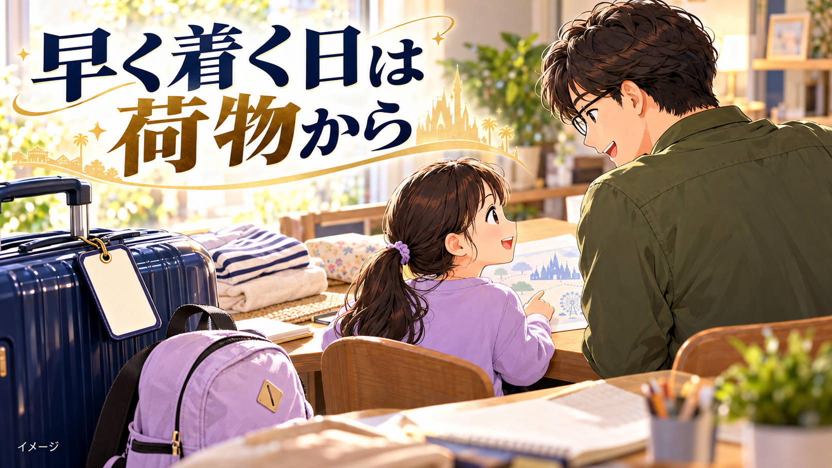 父親と子どもがスーツケースと荷物タグを使いながら予定を相談するイメージ