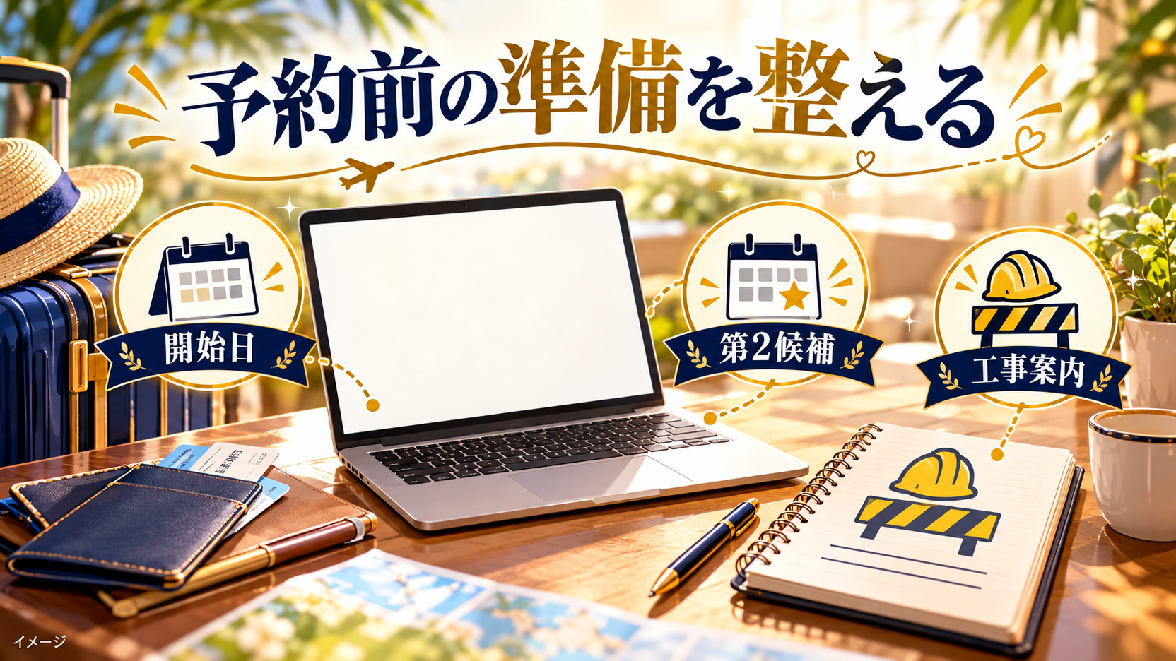 予約開始日と第2候補、工事案内を確認する机上のイメージ