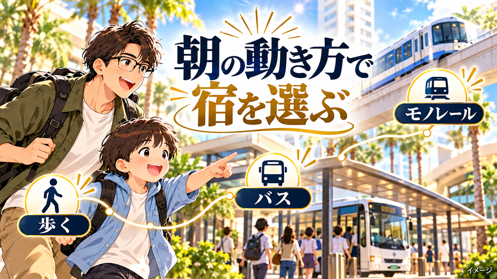 歩く、バス、モノレールの選択肢を示した、父子の朝の移動のイメージ。