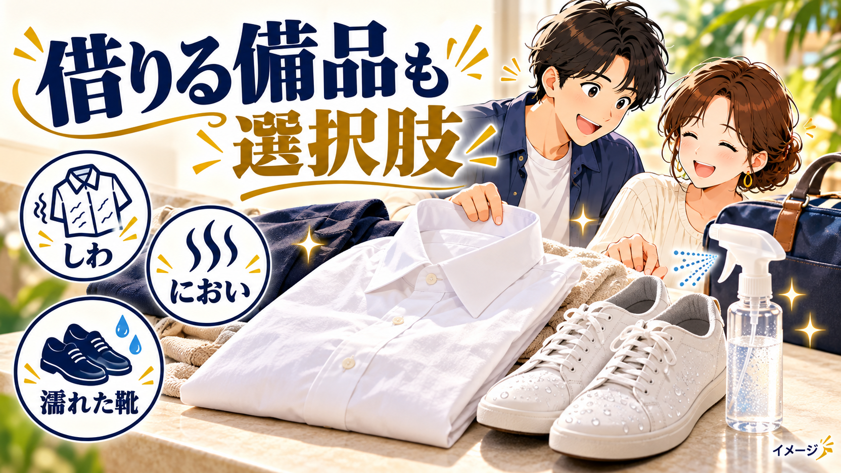 しわ、におい、濡れた靴への対処と貸出品を確認するイメージ