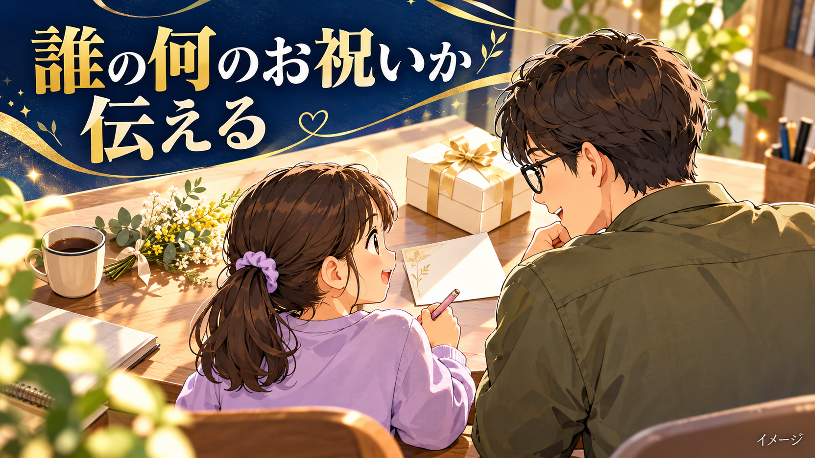 父親と子どもが花とお祝いカードを使いながら予定を相談するイメージ