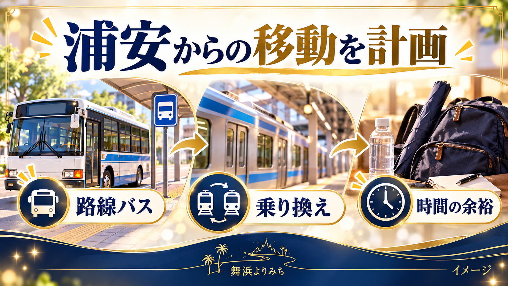 浦安からの移動を計画について、路線バス・乗り換え・時間の余裕を示す図解