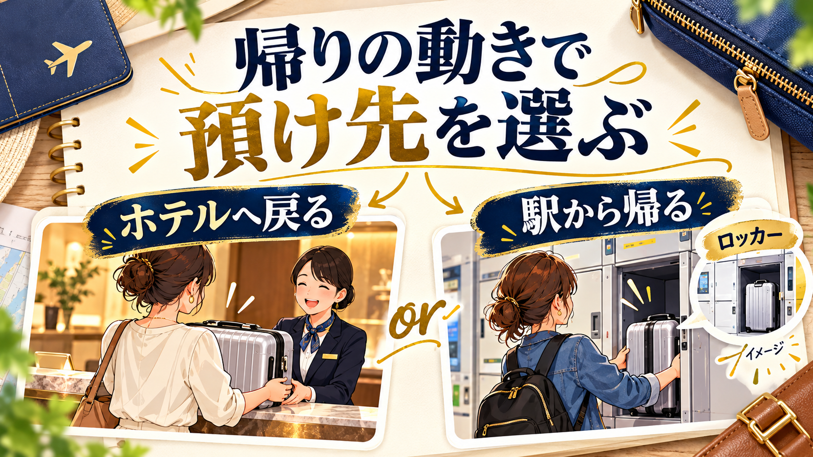 ホテルで荷物を回収する方法と駅から帰る方法を比較する図