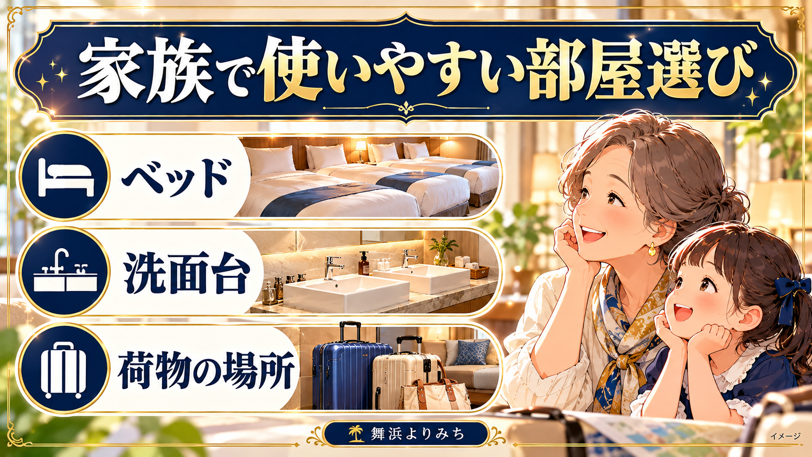 家族で使いやすい部屋選びについて、ベッド・洗面台・荷物の場所を示す図解
