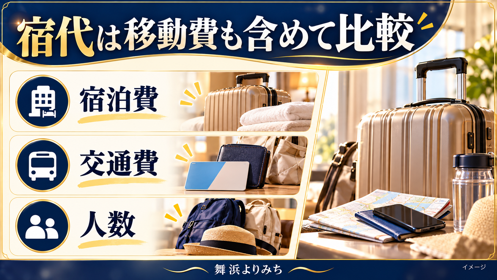 宿代は移動費も含めて比較について、宿泊費・交通費・人数を示す図解