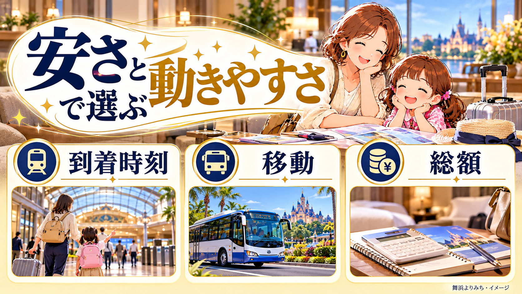 安さと動きやすさで選ぶについて、到着時刻・移動・総額を整理した図解