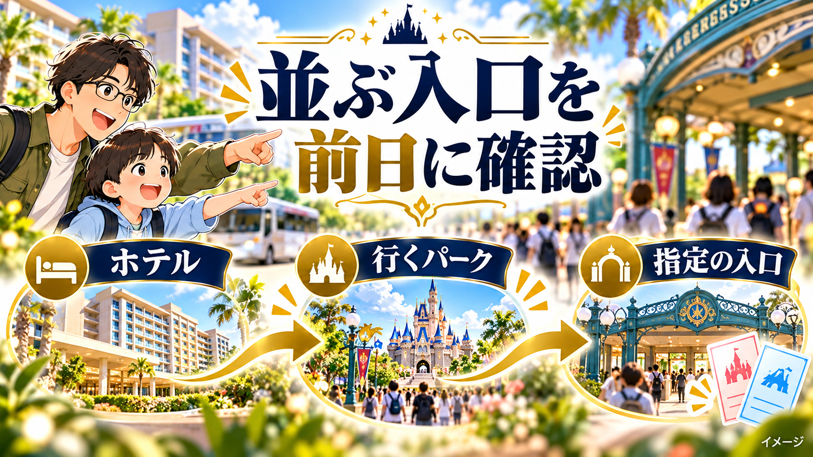 父子が入口を確認し、泊まるホテル、行くパーク、指定の入口を整理する図解。