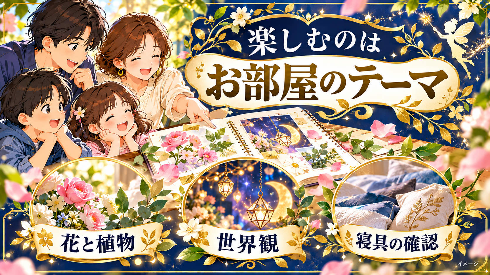 花と植物の世界観と寝具の確認ポイントを示すイメージ