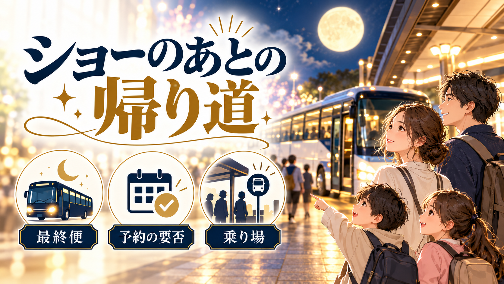 ショーのあとの帰り道について、最終便・予約の要否・乗り場を旅行用品やイラストで整理した図
