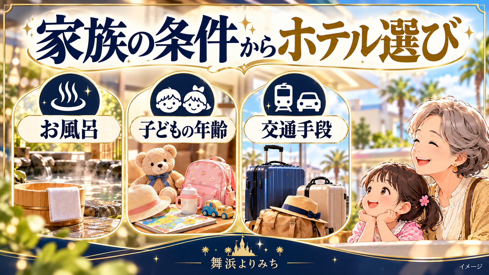 家族の条件からホテル選びについて、お風呂・子どもの年齢・交通手段を示す図解