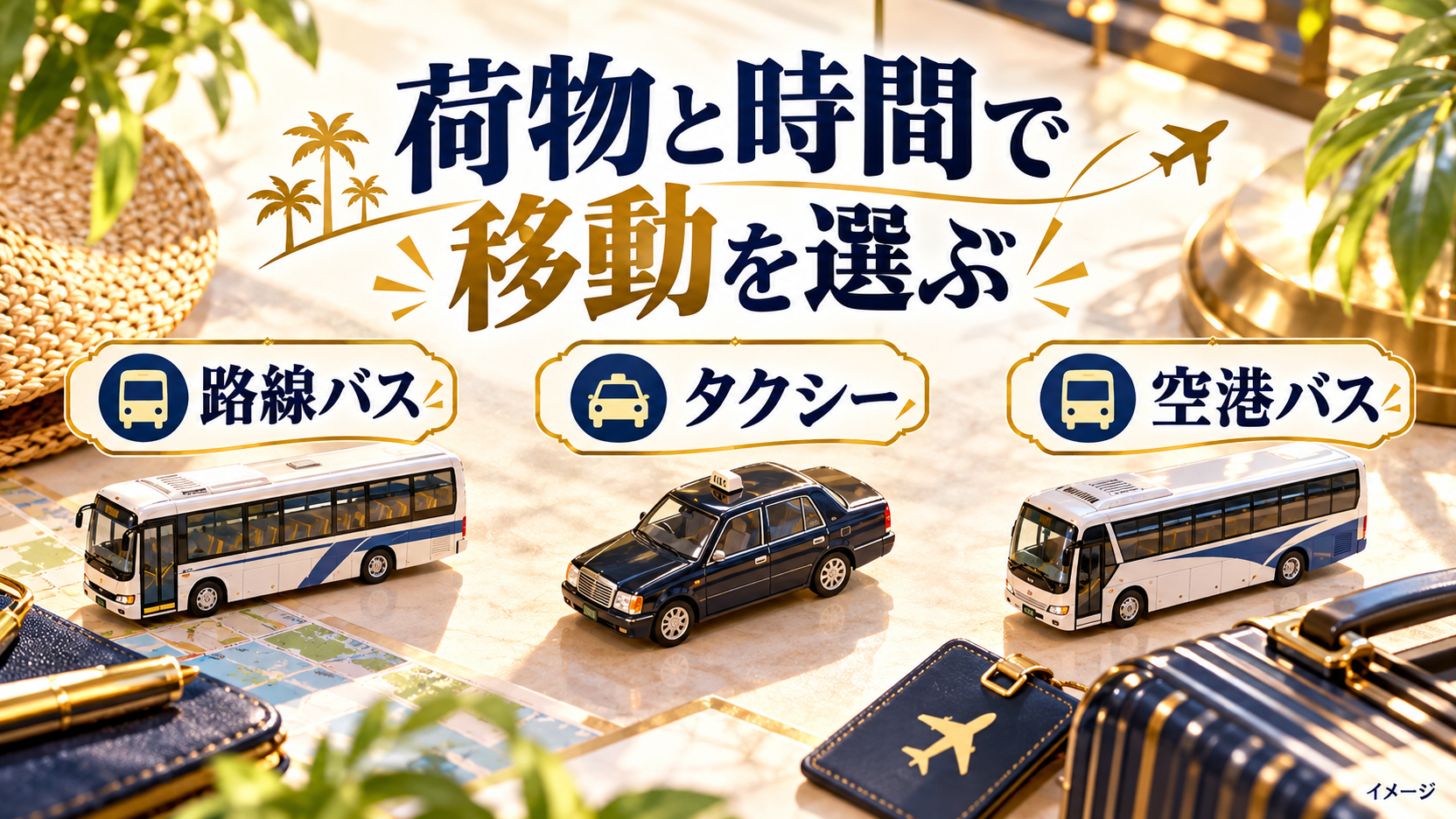 荷物と時間に合わせて路線バス、タクシー、空港バスを比較する図
