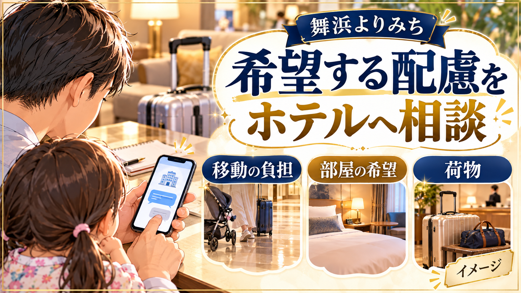 希望する配慮をホテルへ相談について、移動の負担・部屋の希望・荷物を整理した図解