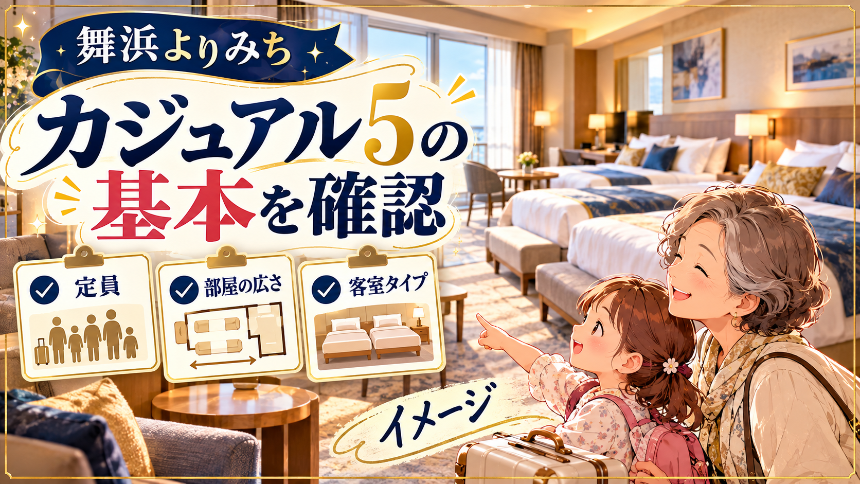 カジュアル5の基本を確認について、定員・部屋の広さ・客室タイプを整理した図解