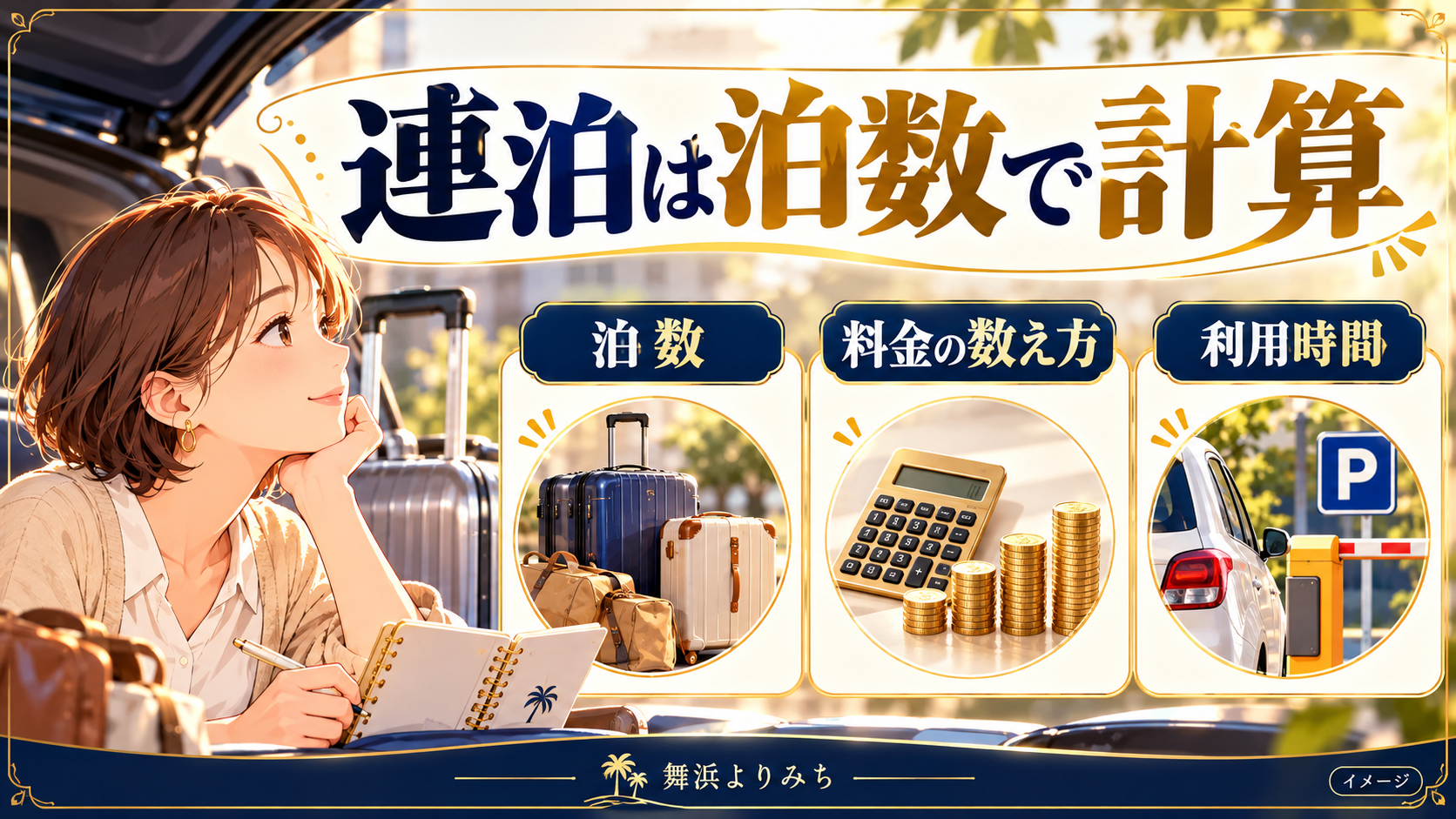 連泊は泊数で計算について、泊数・料金の数え方・利用時間を示す図解