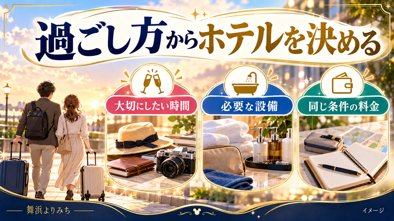 過ごし方からホテルを決めるについて、大切にしたい時間・必要な設備・同じ条件の料金を示す図解