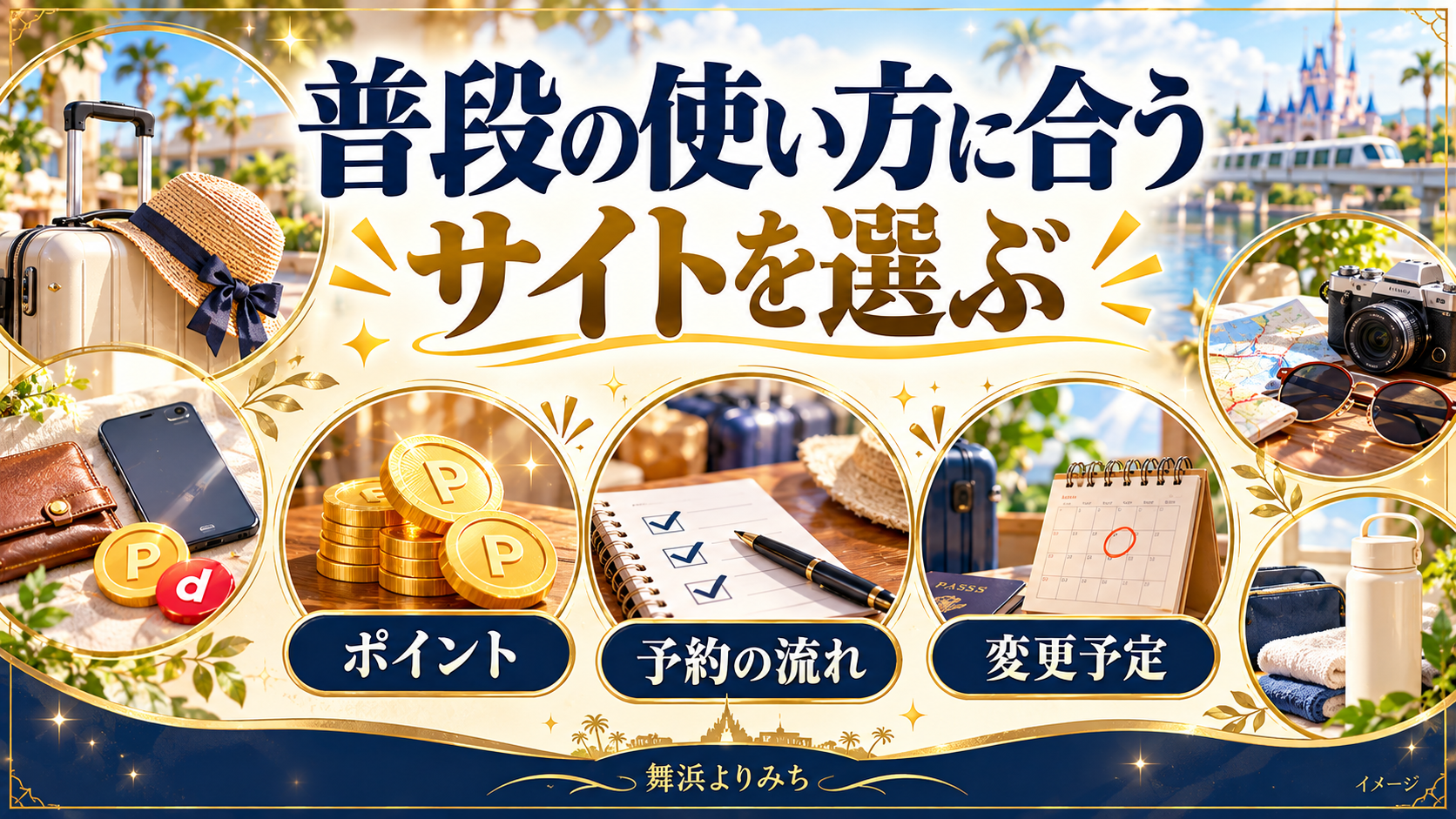 普段の使い方に合うサイトを選ぶについて、ポイント・予約の流れ・変更予定を示す図解