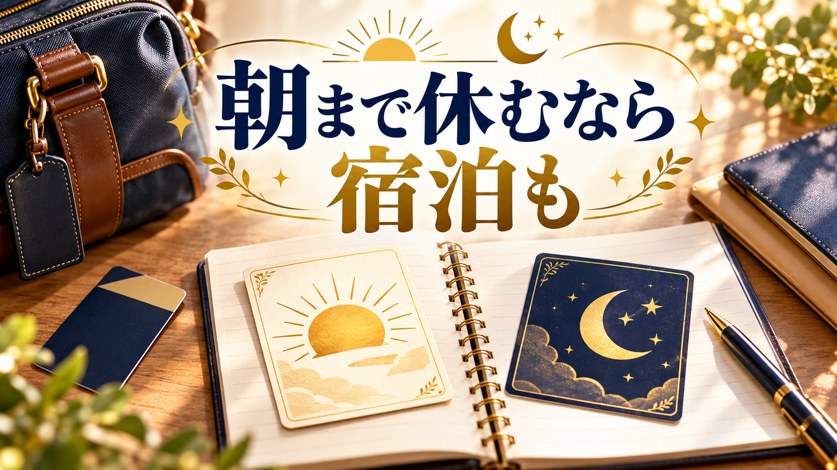 太陽と月のカード、旅行バッグを使って日帰りと宿泊を考えるイメージ