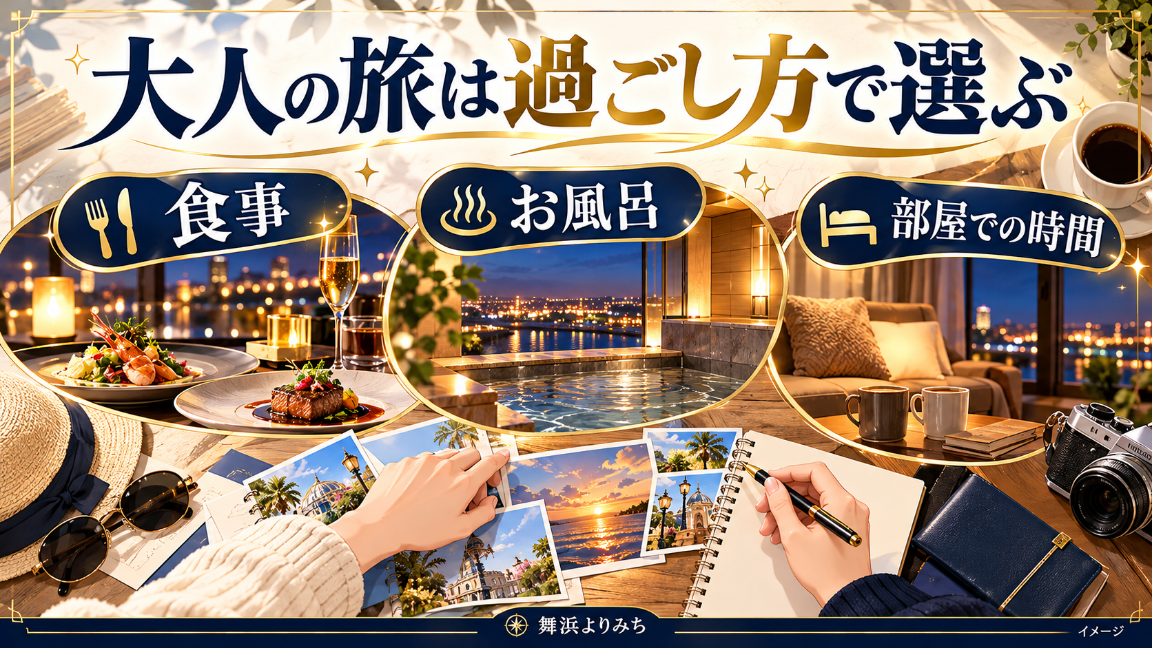 大人の旅は過ごし方で選ぶについて、食事・お風呂・部屋での時間を示す図解
