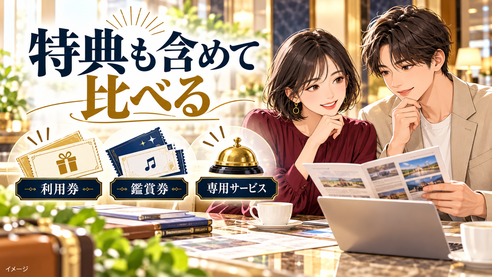 旅行資料を比較するカップルと、利用券、鑑賞券、専用サービスのイメージ。