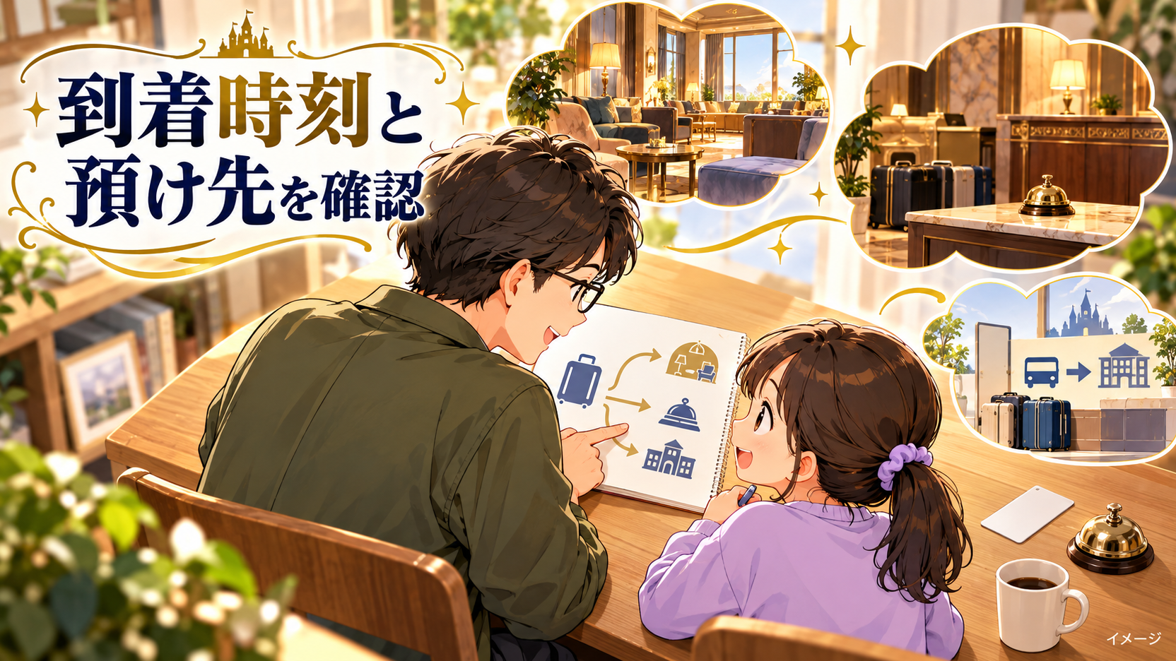 父親と子どもがカップと手続きを表すカードを使いながら予定を相談するイメージ